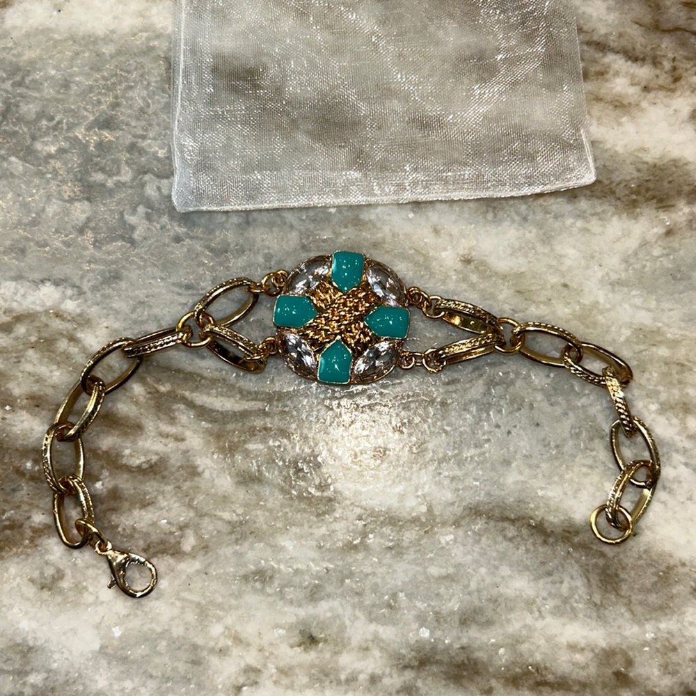 Carolee LUX Gold Tone Bracelet- Turquoise cross with braided gold Design